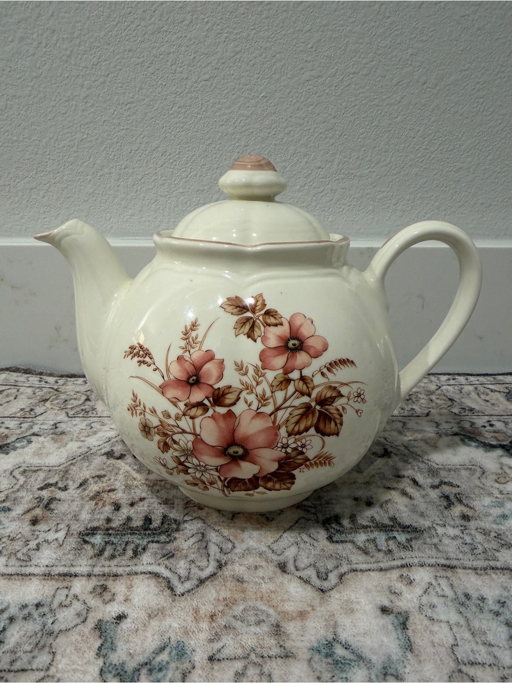 Cream Floral Ceramic Teapot with Pink Accents - Made in Japan